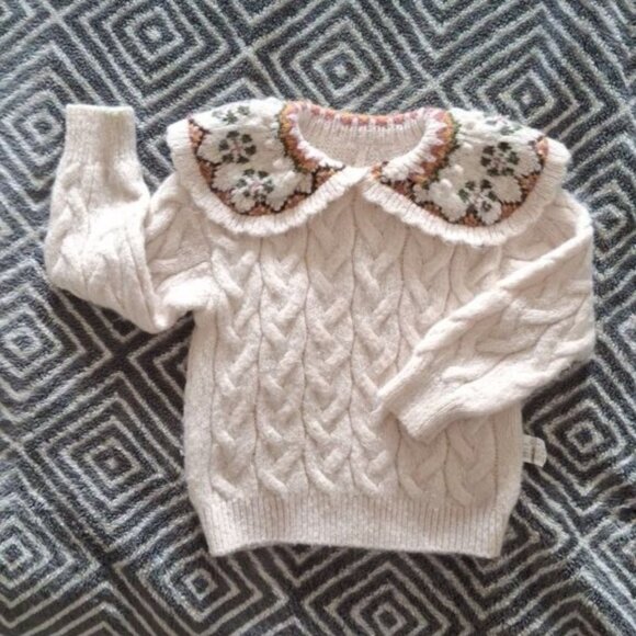 Zara Girls' White Cable Knit Sweater with Embroidered Collar - Size 3-4 Years - Picture 1 of 5